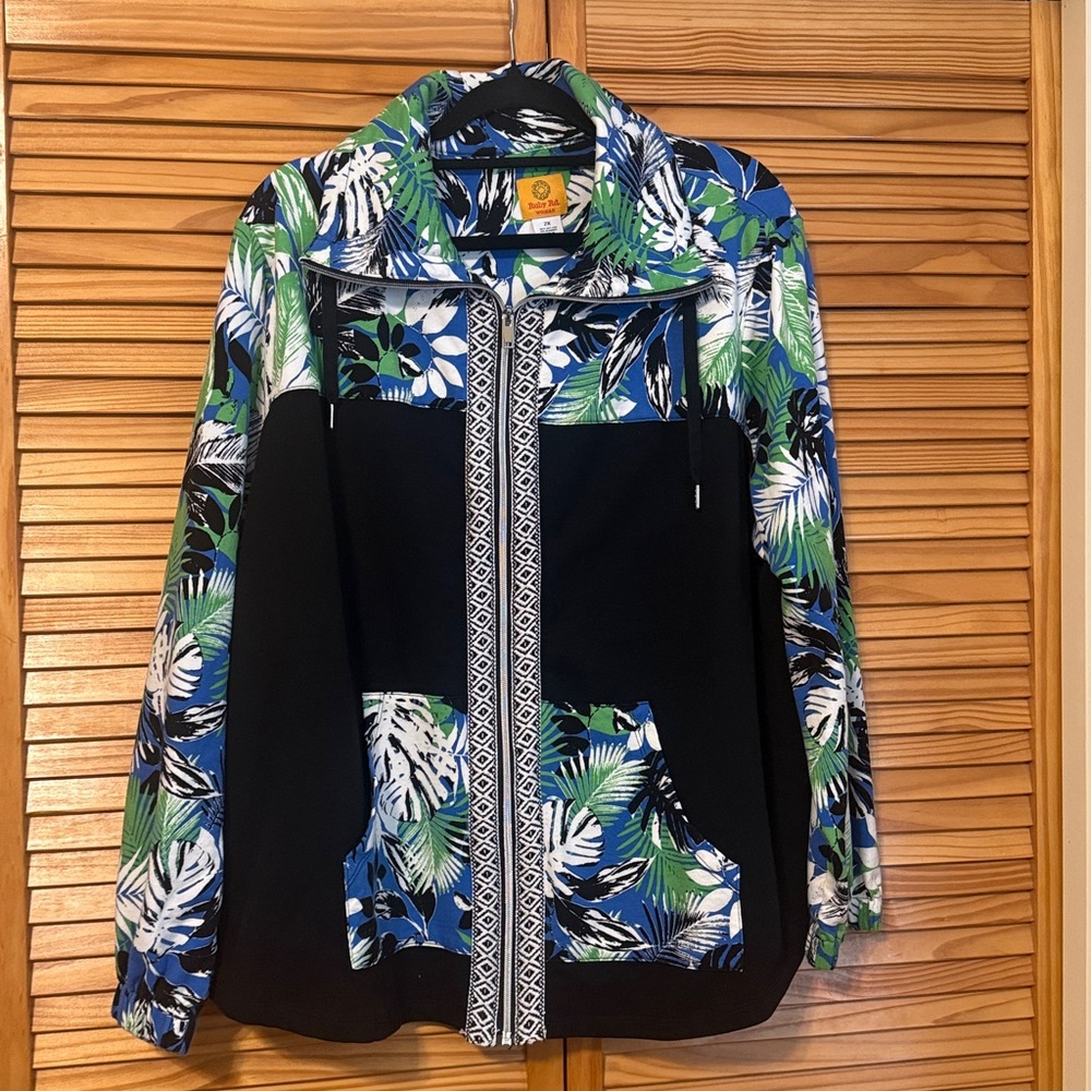 Black with Blue & Green Tropical Print zip up jacket.